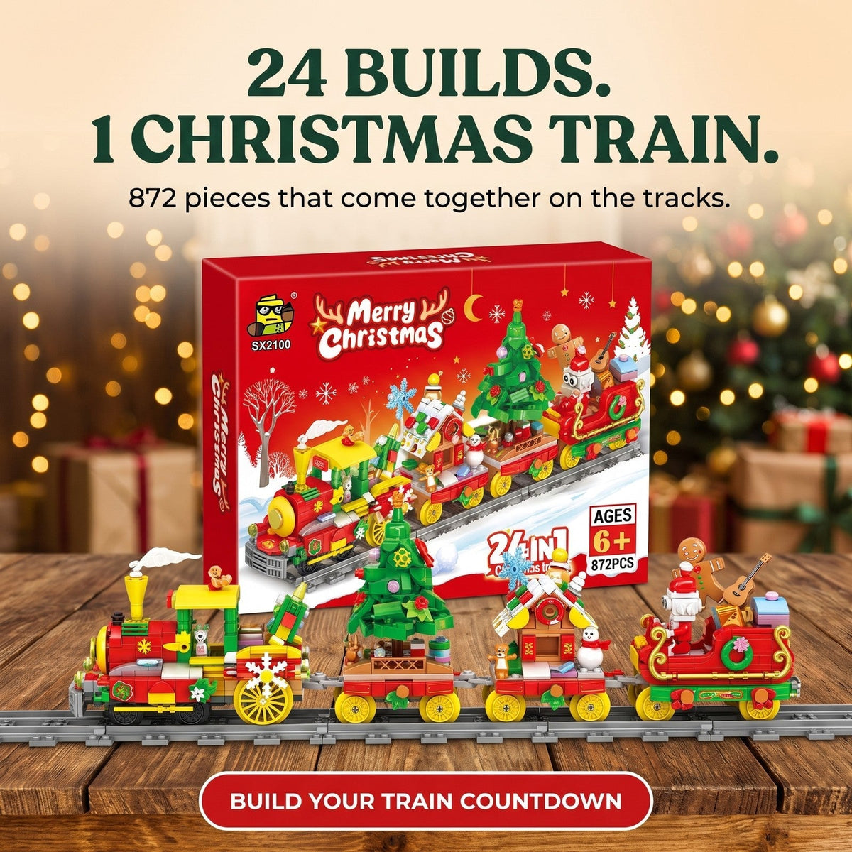Christmas Train Advent Calendar – 24-in-1 Brick Building Set with Tracks