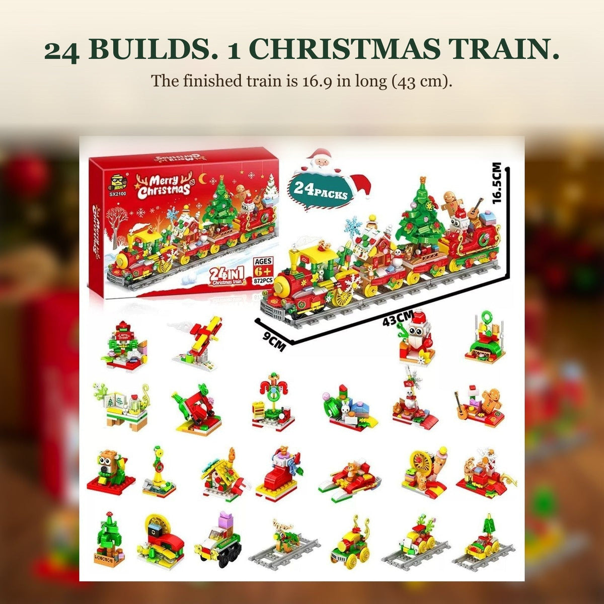 Christmas Train Advent Calendar – 24-in-1 Brick Building Set with Tracks