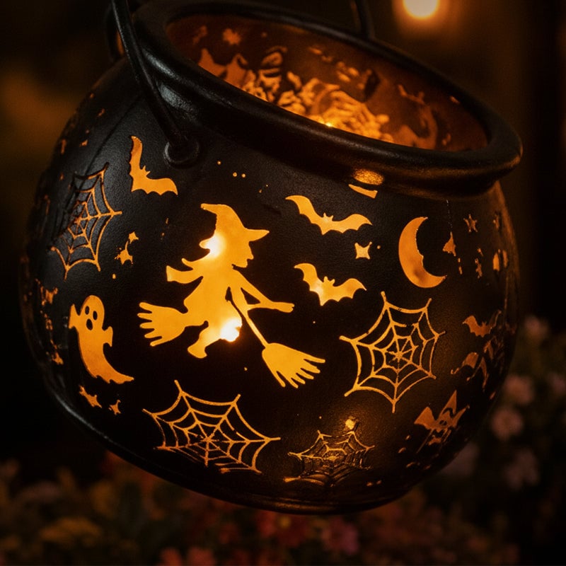 Iron Witch Cauldron Halloween Garden Light with Stake