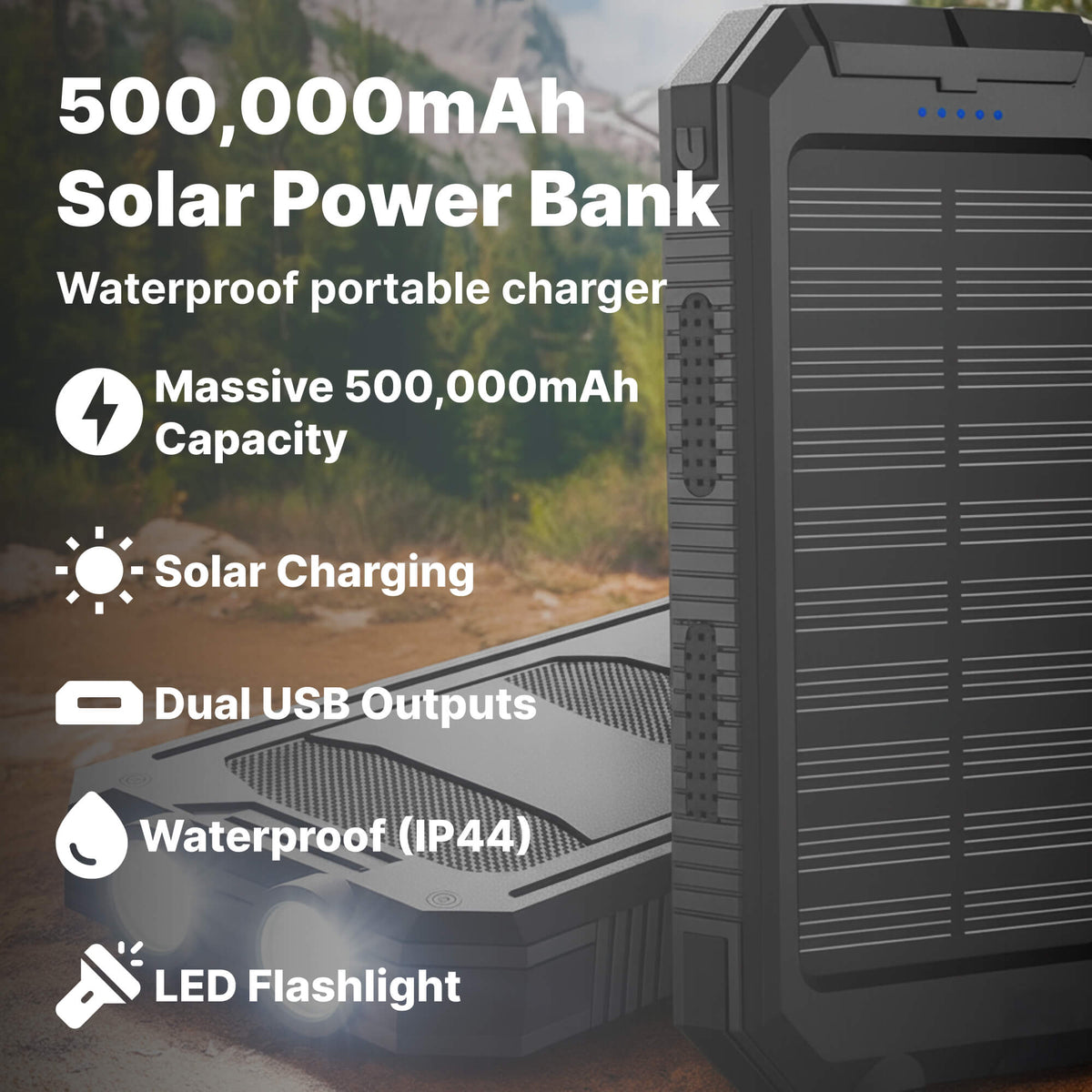 Solar Power Bank 500000mAh Waterproof Dual USB Portable Charger
