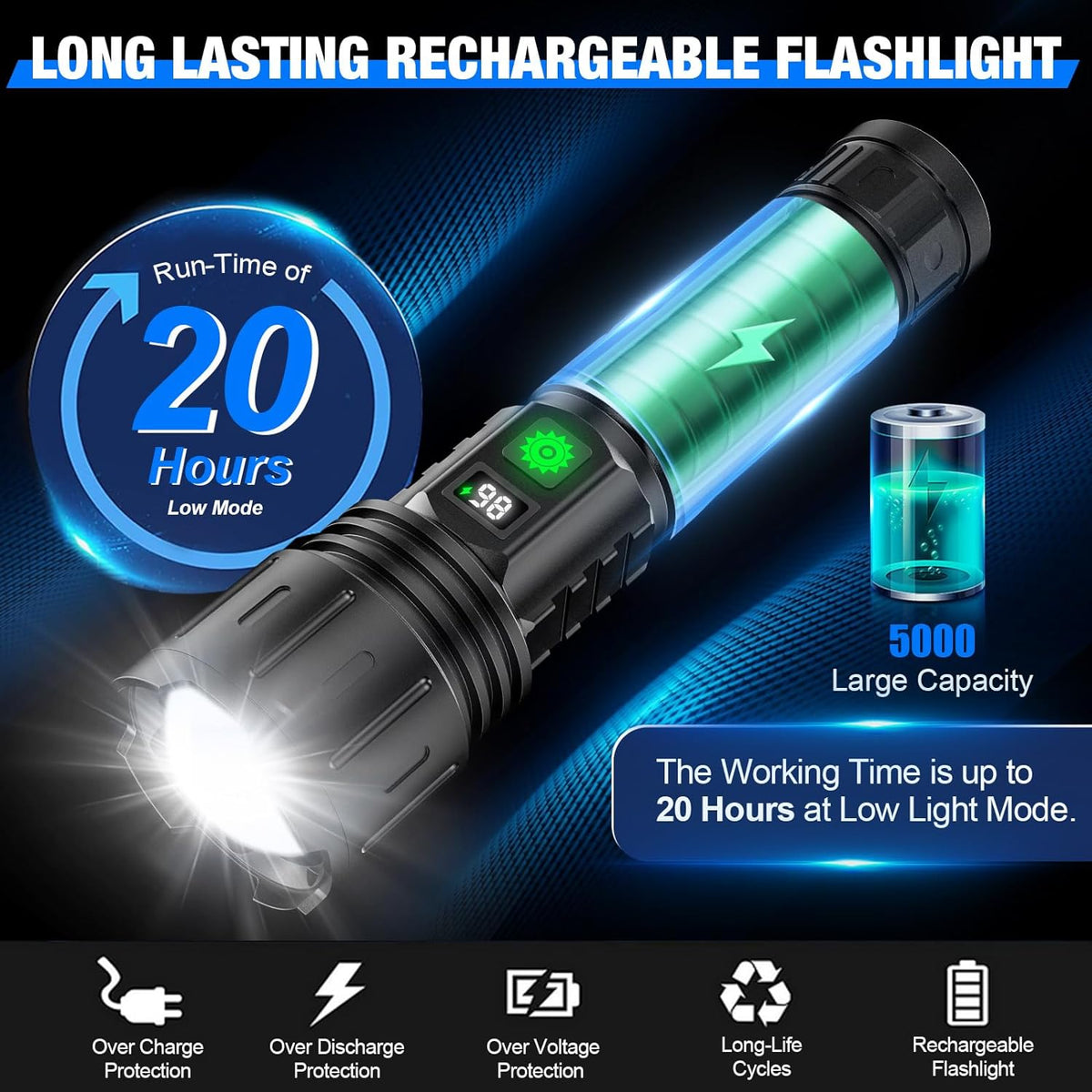 100000 Lumen LED Rechargeable Flashlight with Powerbank & Telescoping Beam
