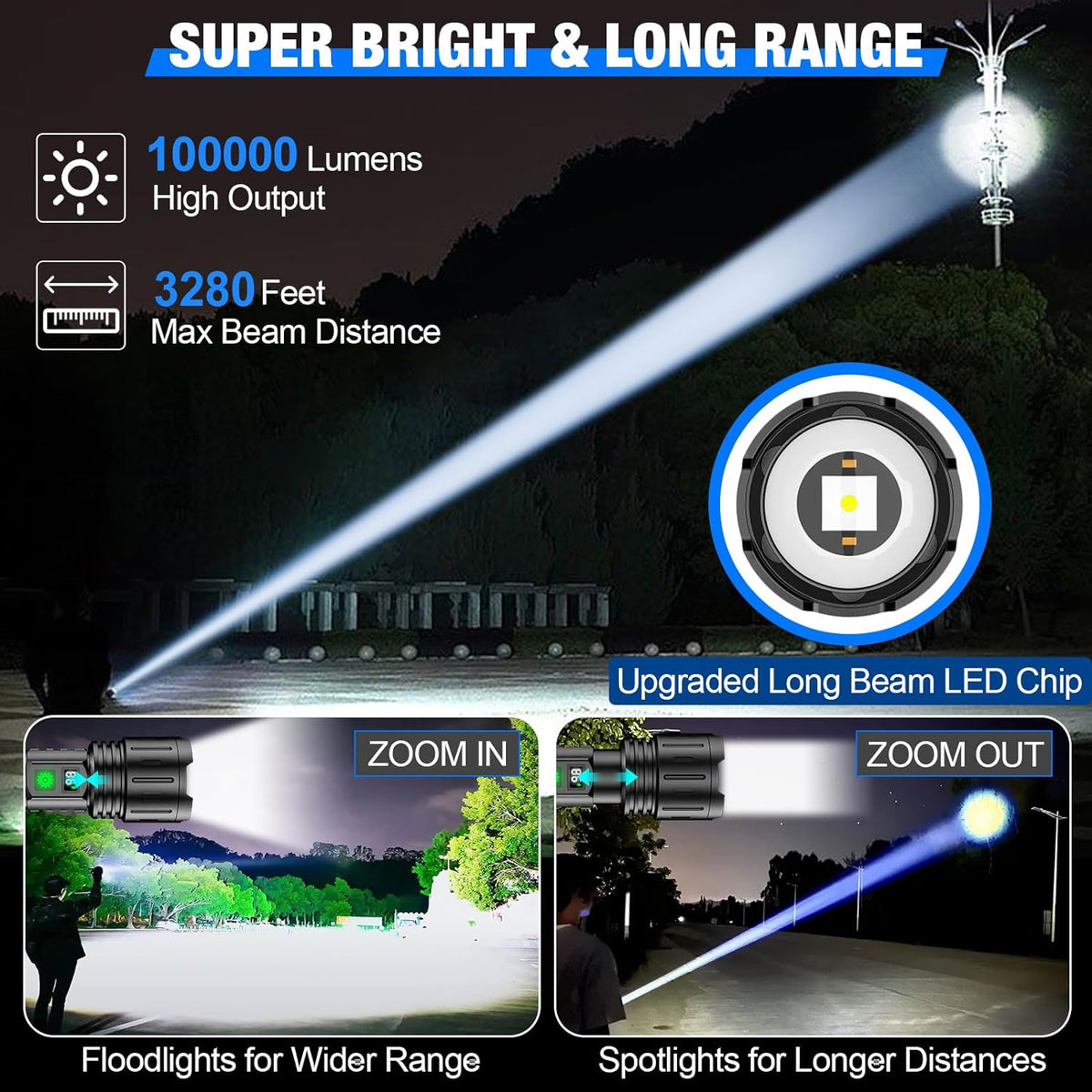 100000 Lumen LED Rechargeable Flashlight with Powerbank & Telescoping Beam