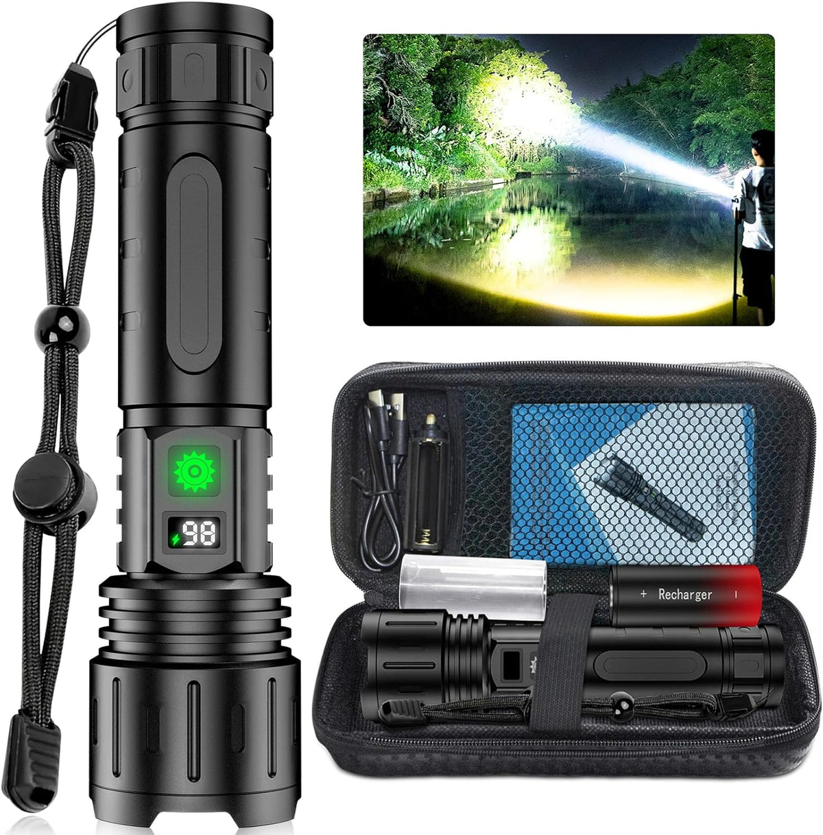 100000 Lumen LED Rechargeable Flashlight with Powerbank & Telescoping Beam