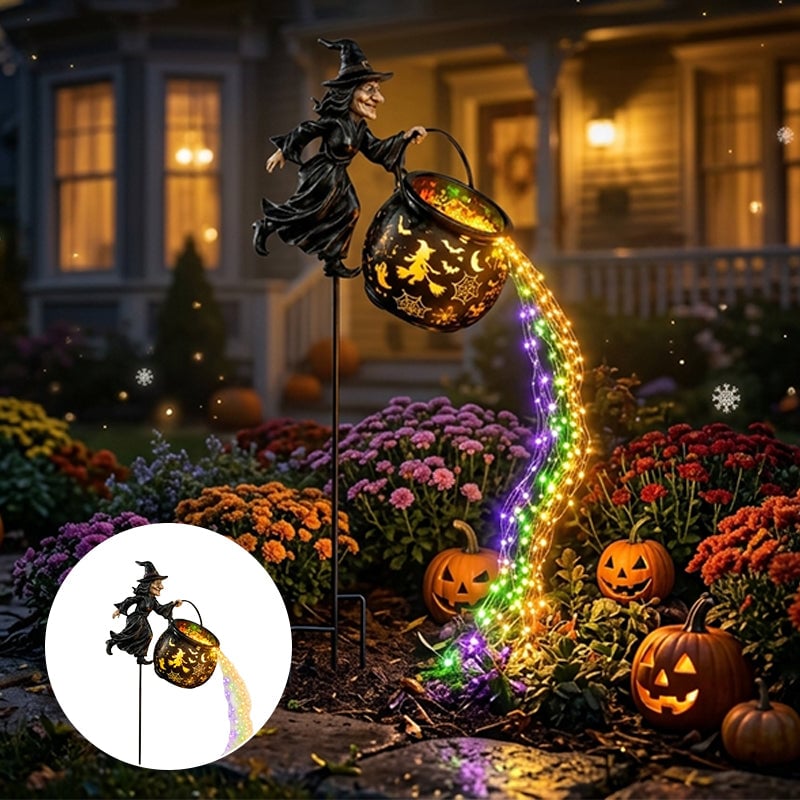 Iron Witch Cauldron Halloween Garden Light with Stake