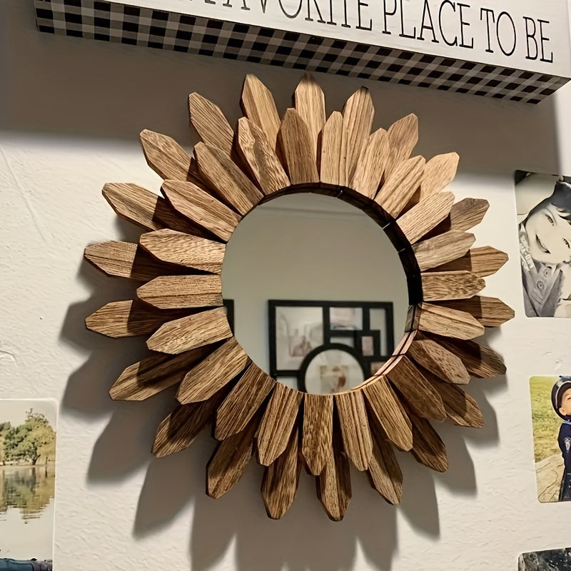 Round Boho Sunflower Wall Mirror – Wood Frame Decor