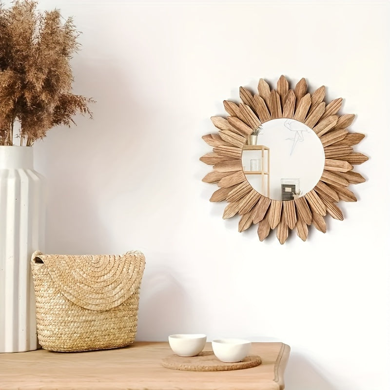 Round Boho Sunflower Wall Mirror – Wood Frame Decor