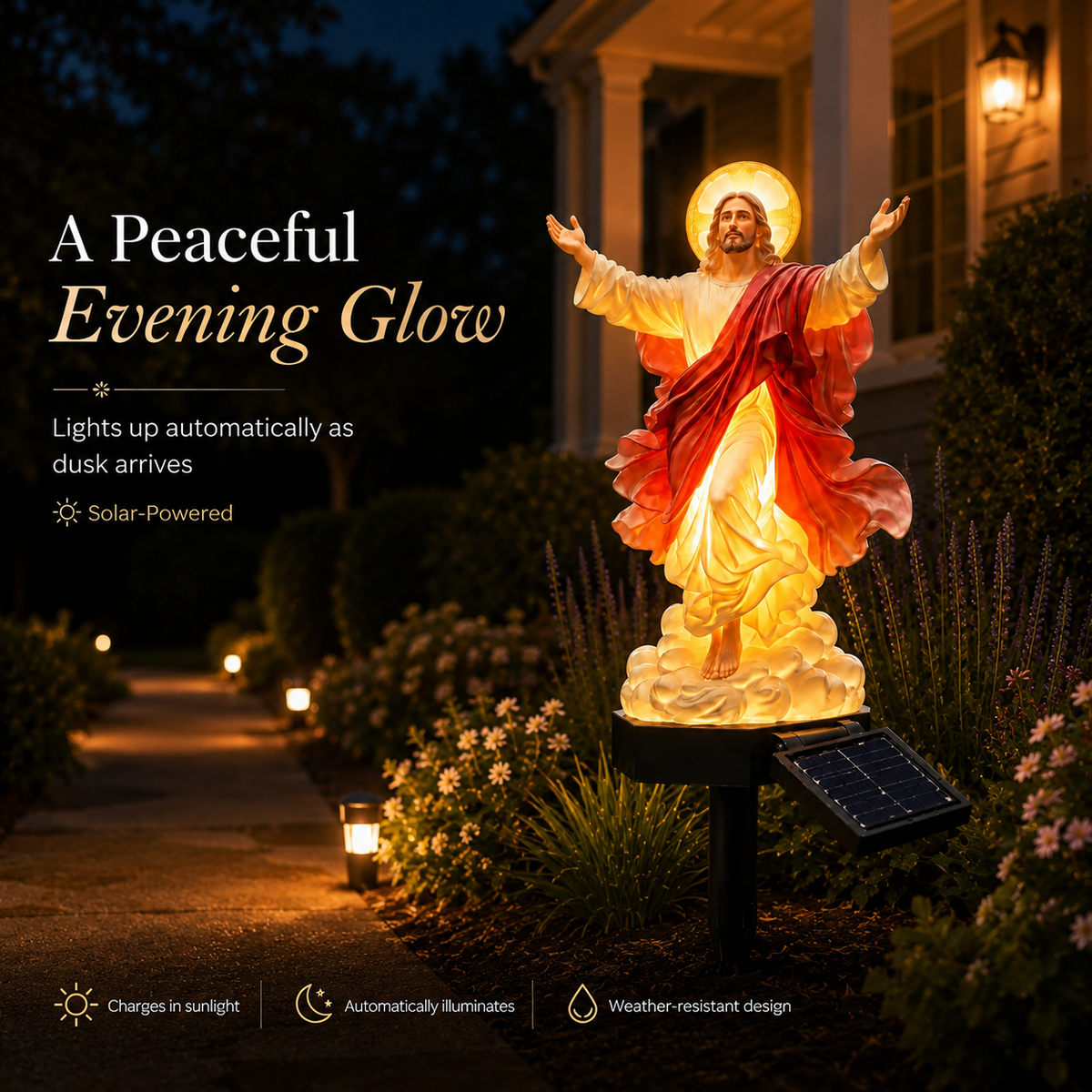 Solar Garden Jesus Statue with LED Light – Resin Outdoor Decor