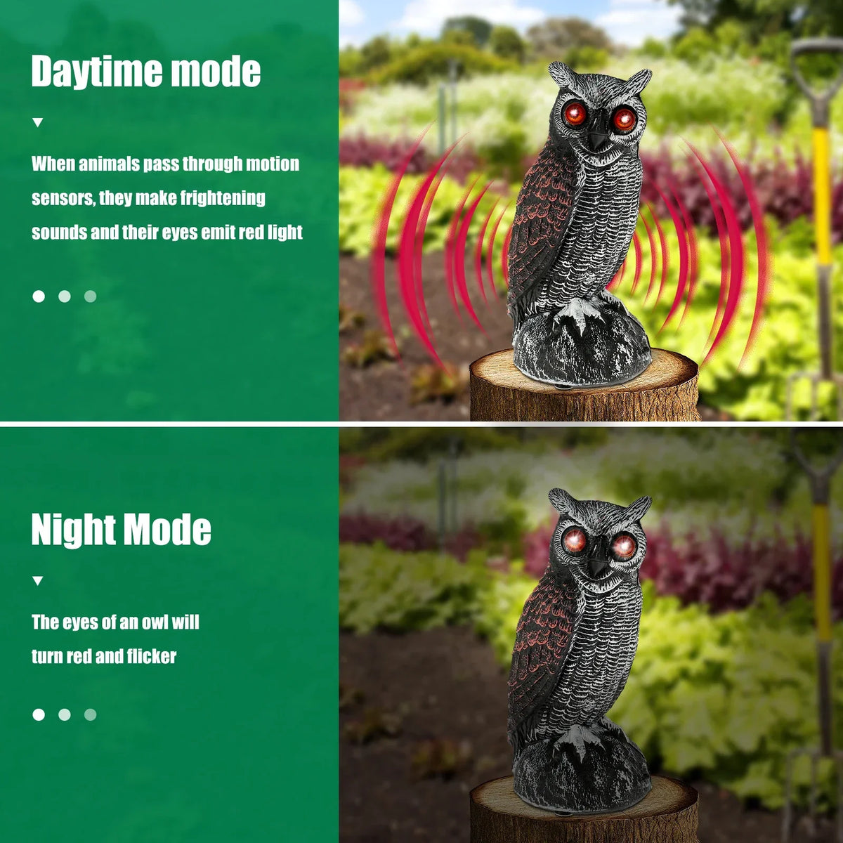 Solar Owl Decoy with Sound & Light – Waterproof Bird Deterrent