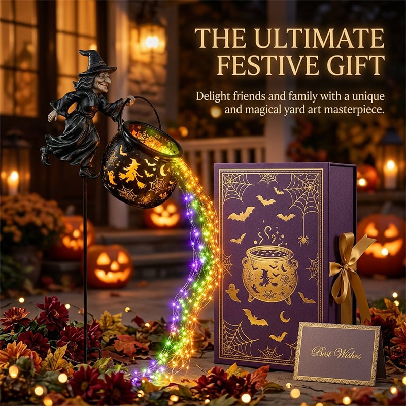 Iron Witch Cauldron Halloween Garden Light with Stake