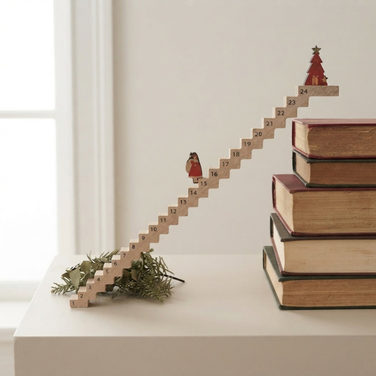 24-Day Wooden Advent Calendar Santa Ladder Brown