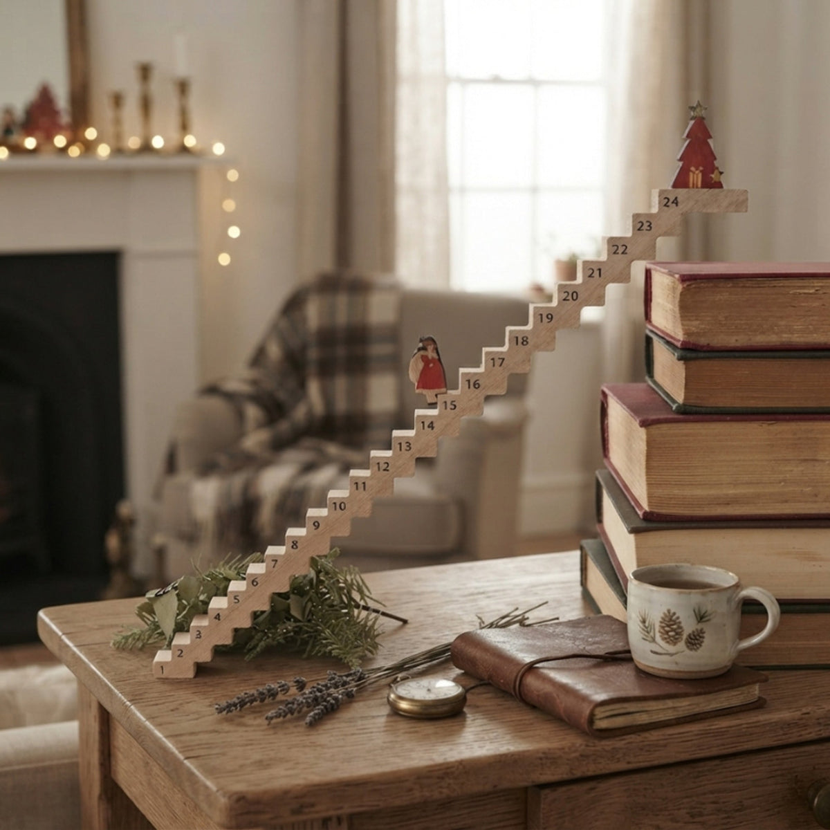 24-Day Wooden Advent Calendar Santa Ladder Brown