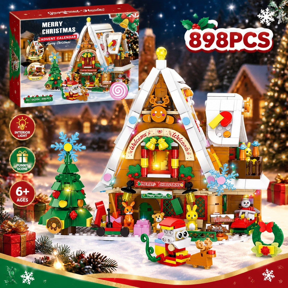 Christmas Snow House Advent Calendar – 898-Piece Brick Building Set with Light
