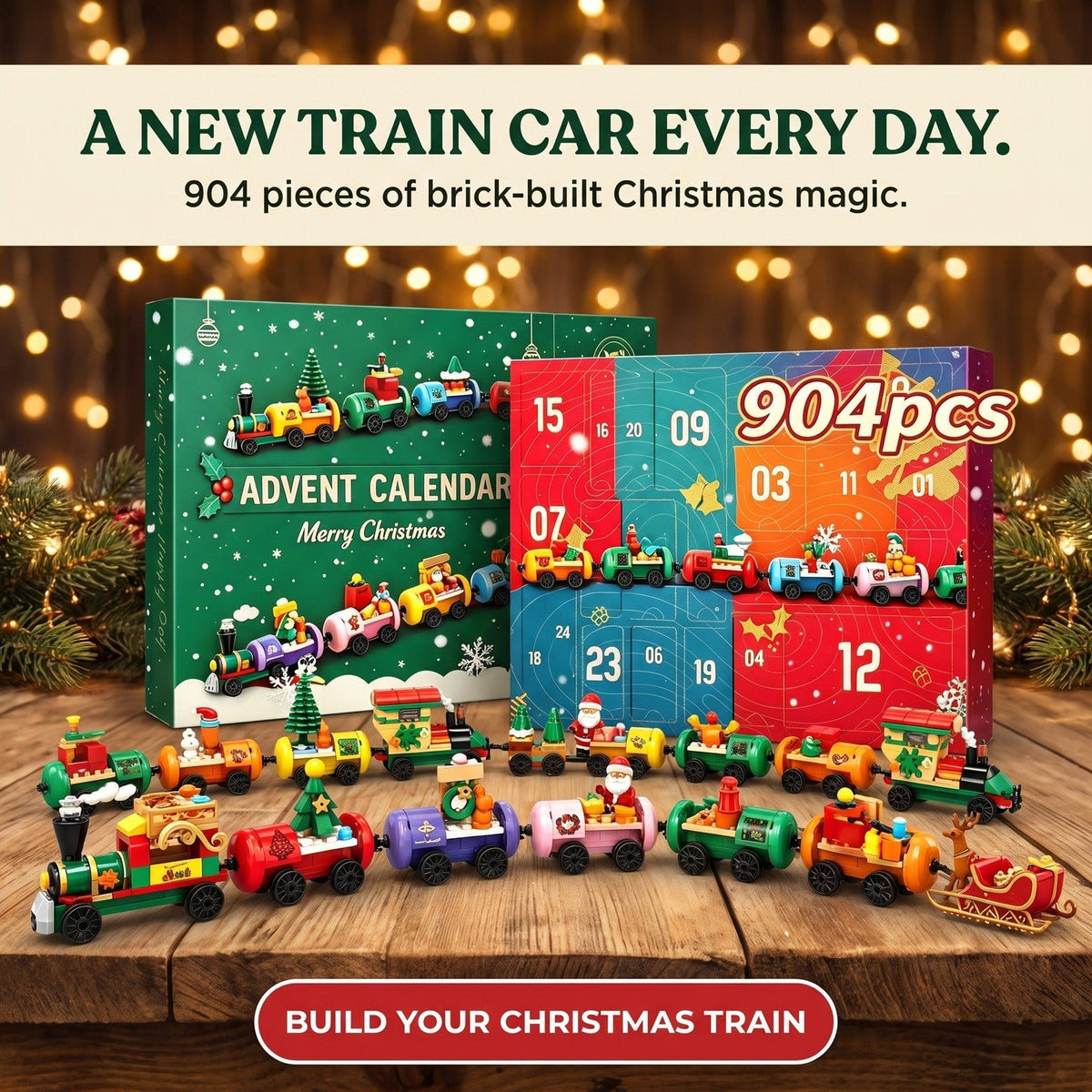 Christmas Train Advent Calendar – 904-Piece Building Brick Set with Santa