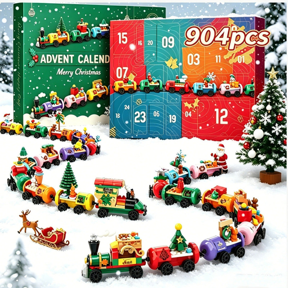 Christmas Train Advent Calendar – 904-Piece Building Brick Set with Santa