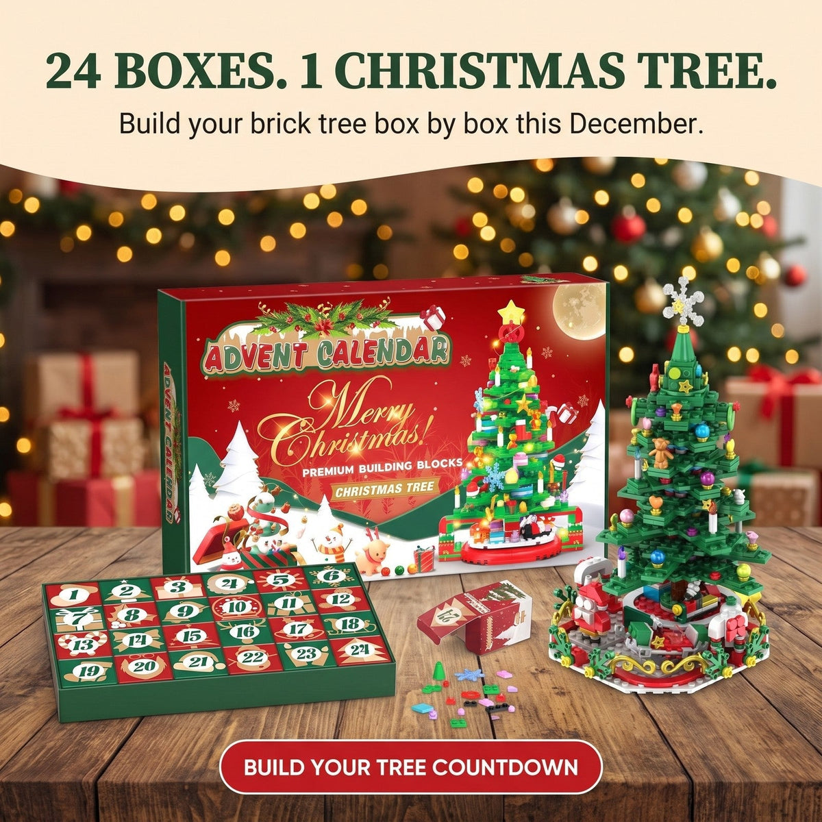 Christmas Tree Brick Advent Calendar – Build & Light 24-Piece Festive Decoration