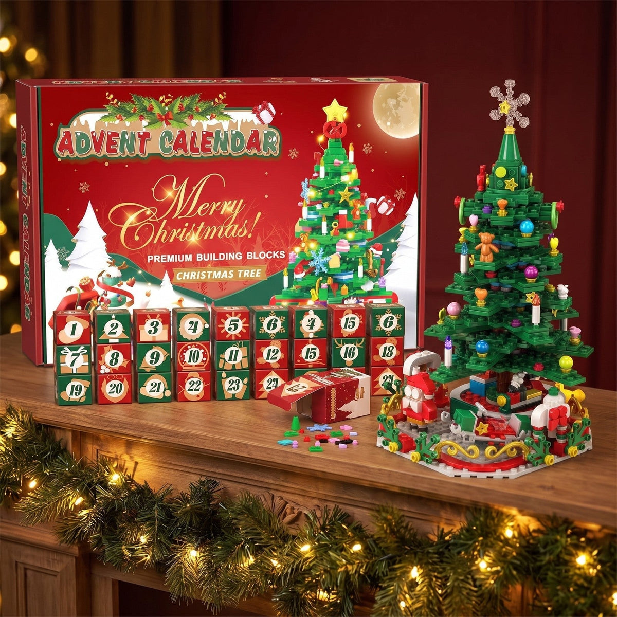 Christmas Tree Brick Advent Calendar – Build & Light 24-Piece Festive Decoration
