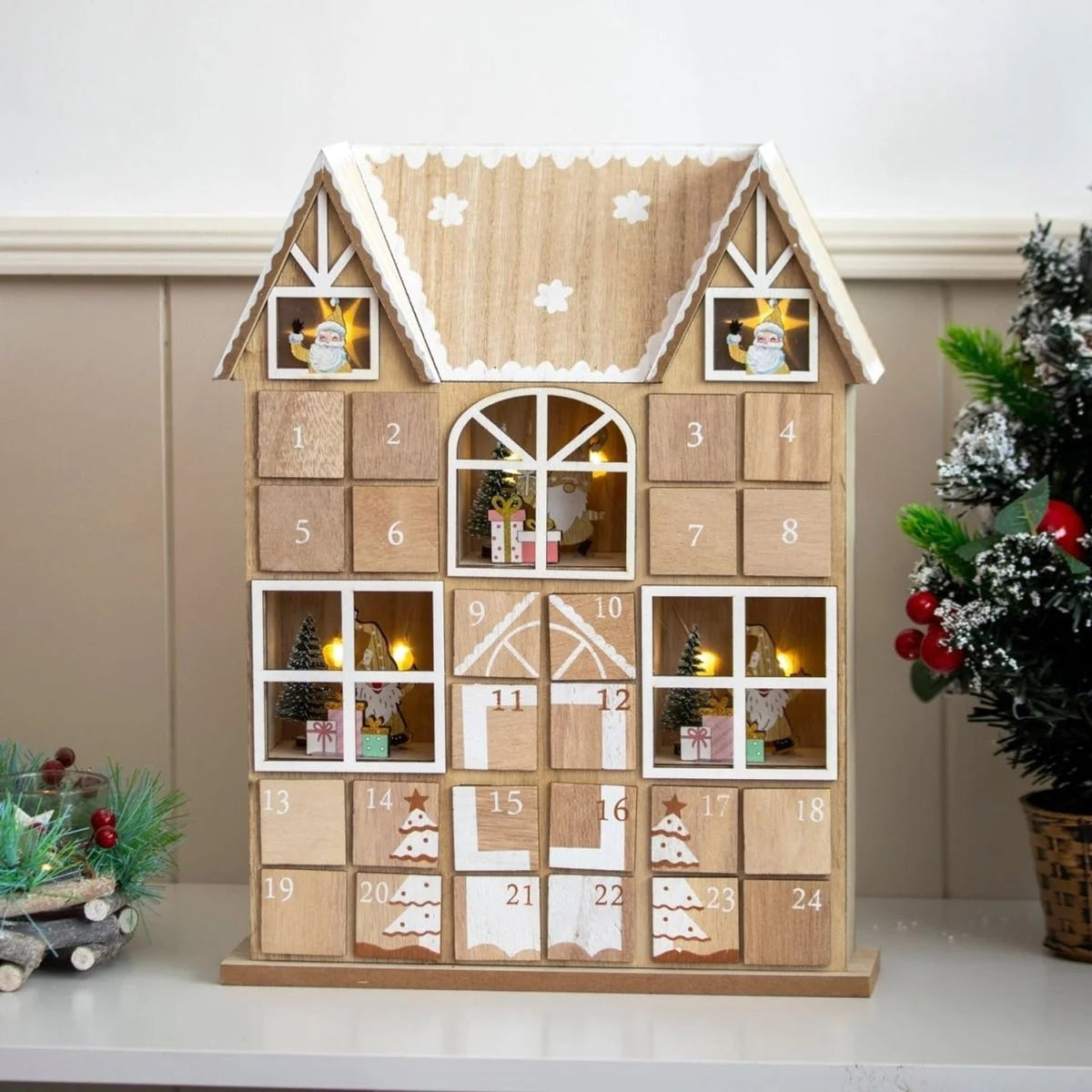 Wooden Advent Calendar with 24 Compartments and LED Lights