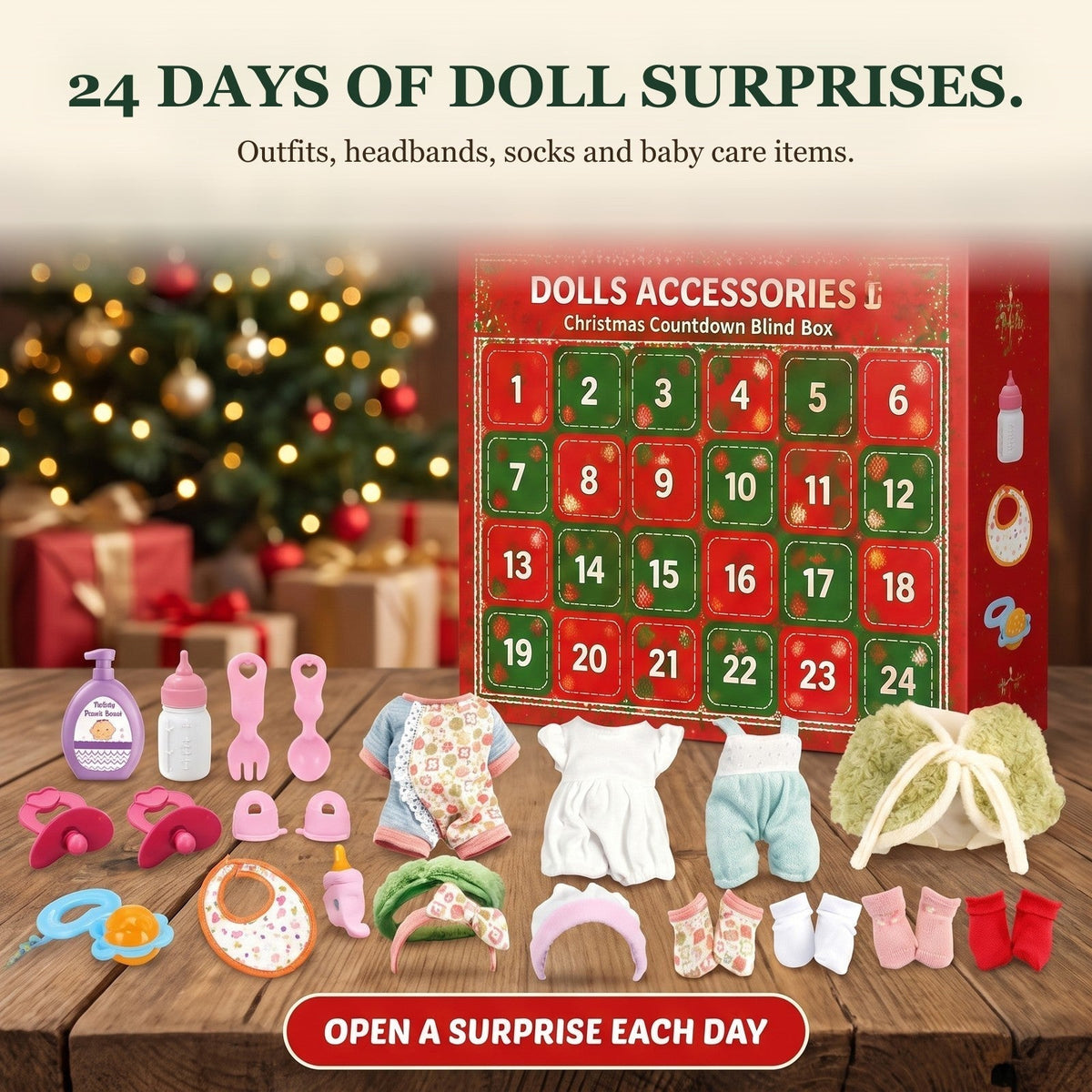 Kids' Doll Advent Calendar – 24 Days of Outfits, Headbands and Accessories