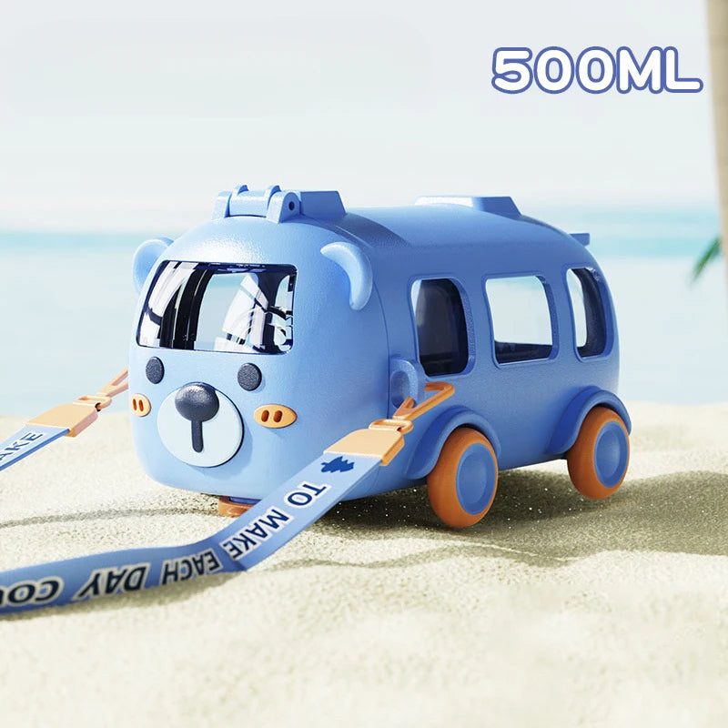 Kids Cartoon Bus Water Bottle with Silicone Straw