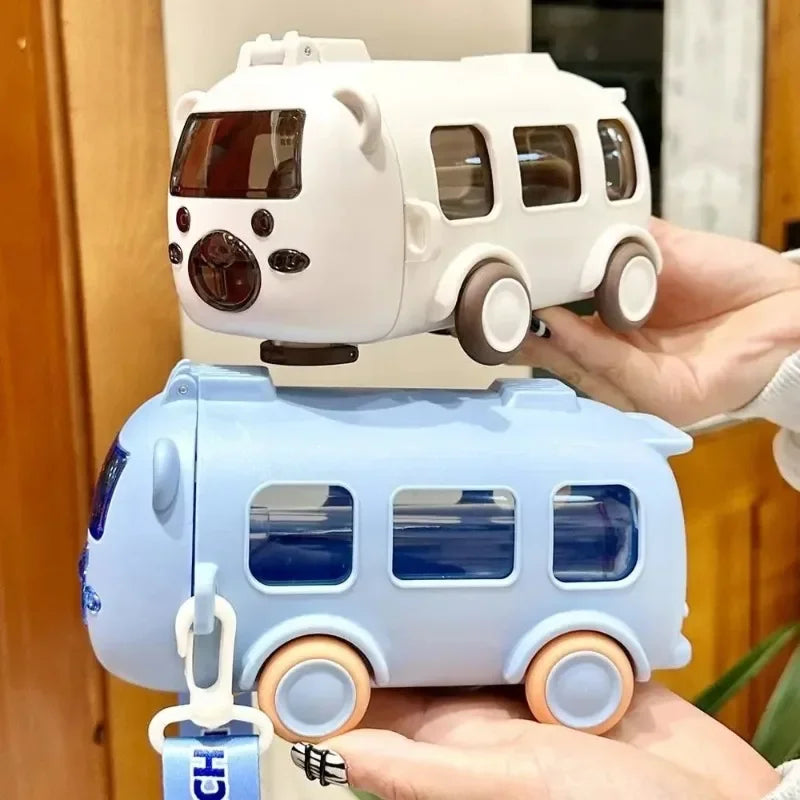 Kids Cartoon Bus Water Bottle with Silicone Straw