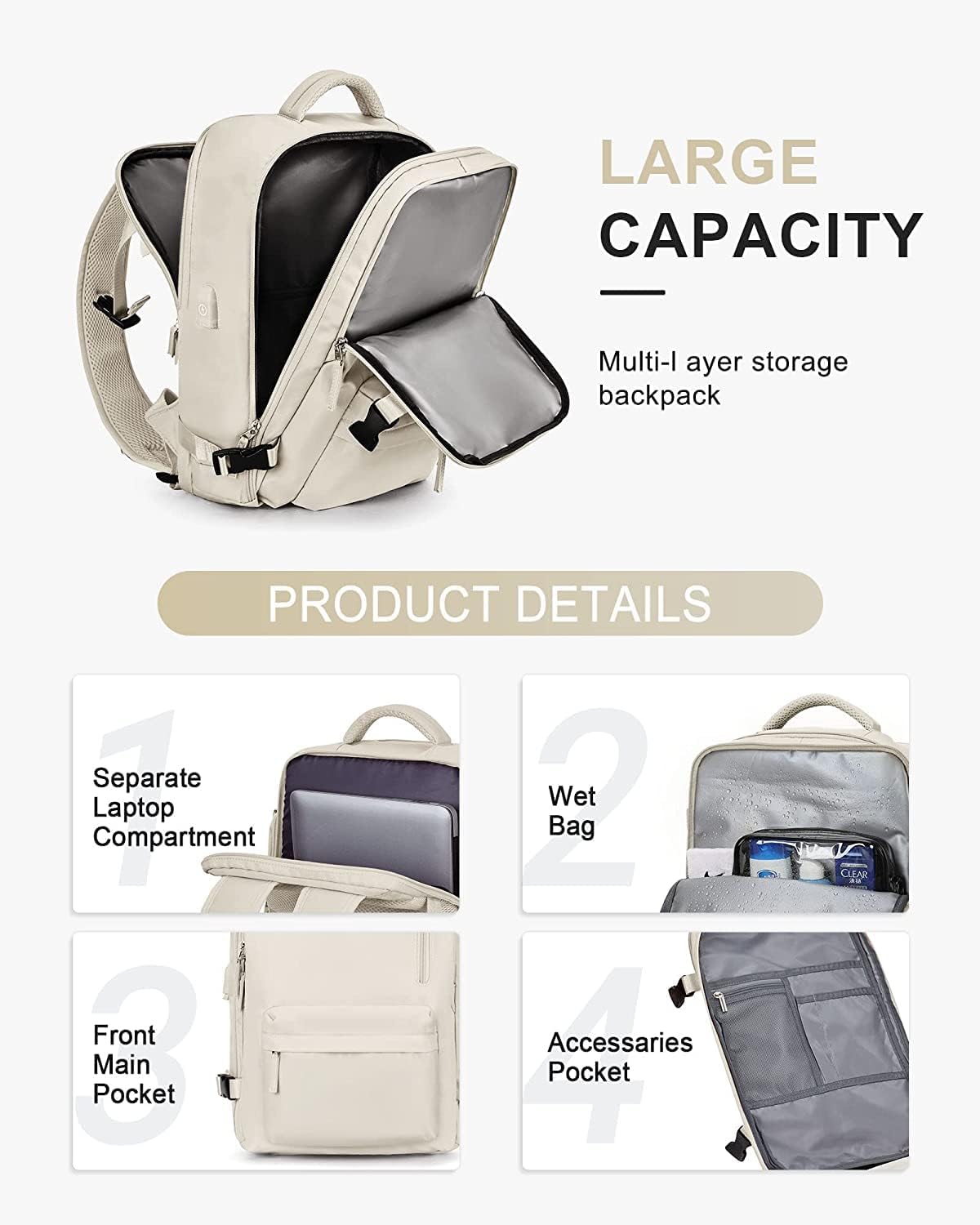 40L Waterproof Travel Backpack with Laptop Compartment & USB Port