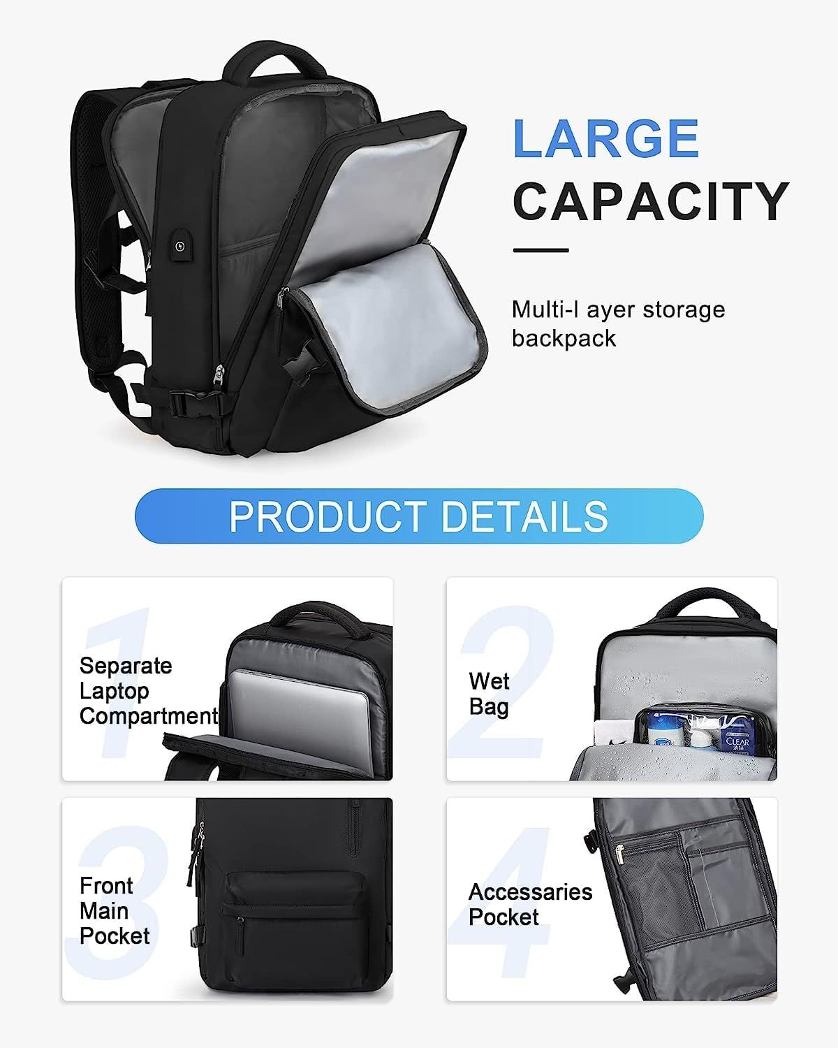 40L Waterproof Travel Backpack with Laptop Compartment & USB Port