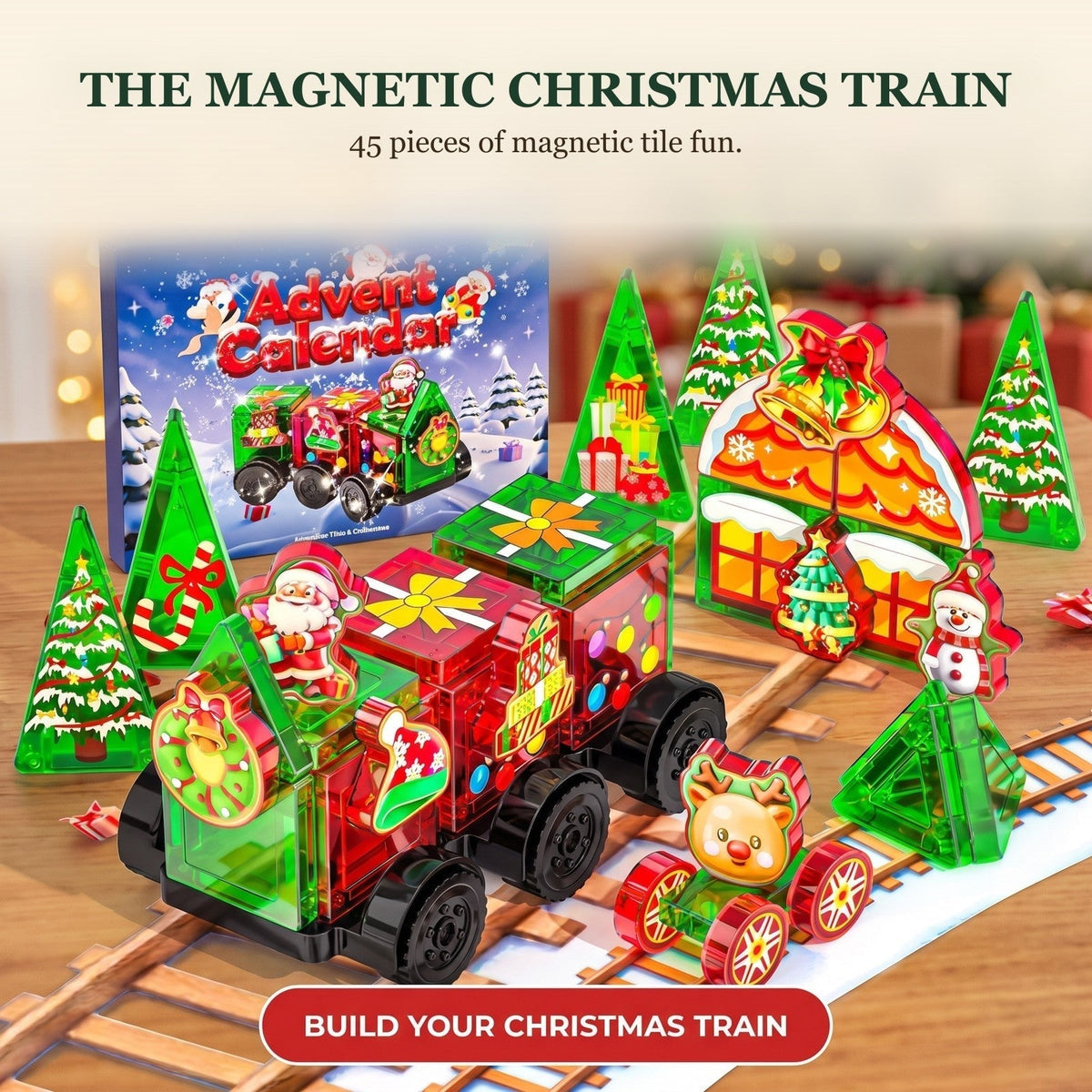 Kids' Magnetic Tile Christmas Train Advent Calendar – 45 Pieces with Santa