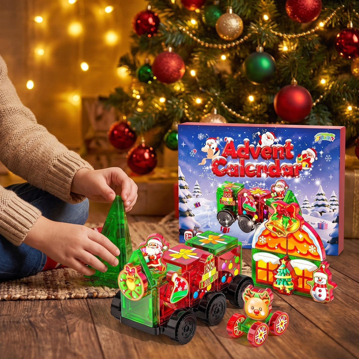 Kids' Magnetic Tile Christmas Train Advent Calendar – 45 Pieces with Santa