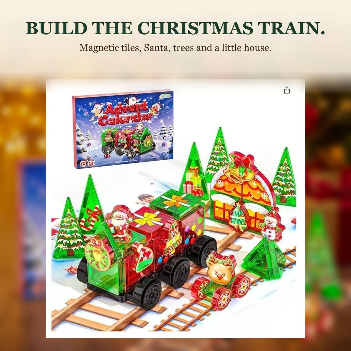 Kids' Magnetic Tile Christmas Train Advent Calendar – 45 Pieces with Santa