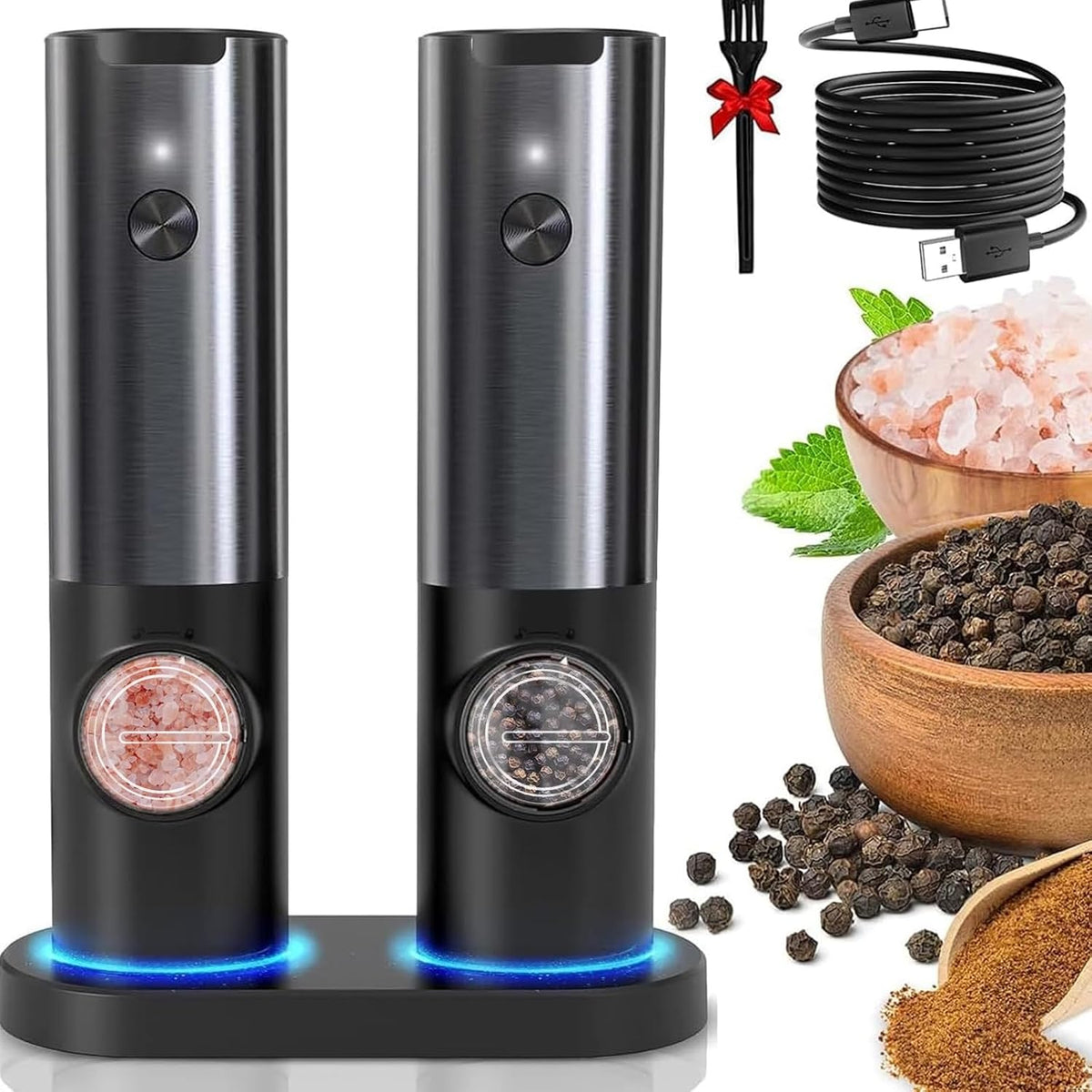 Electric Salt and Pepper Mill Set – Rechargeable Stainless Steel
