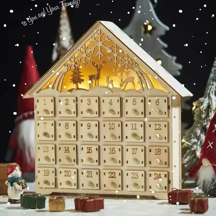 Wooden Advent Calendar with 24 Drawers – Light-Up Christmas Countdown