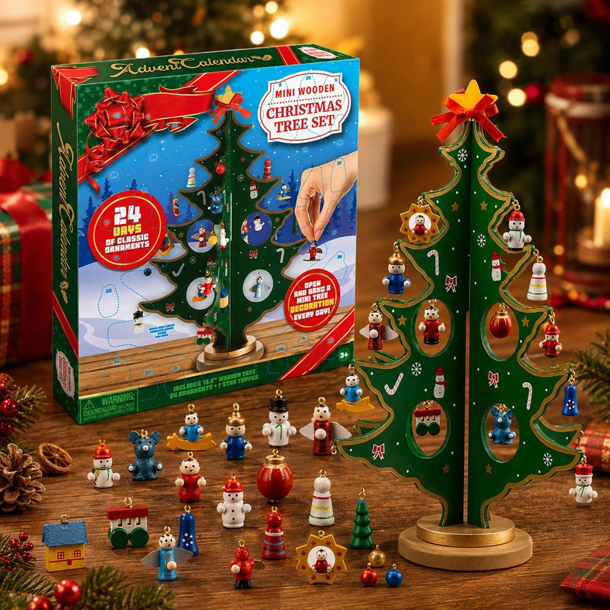 Kids' Wooden Tabletop Advent Calendar – 24 Mini Ornaments Christmas Countdown