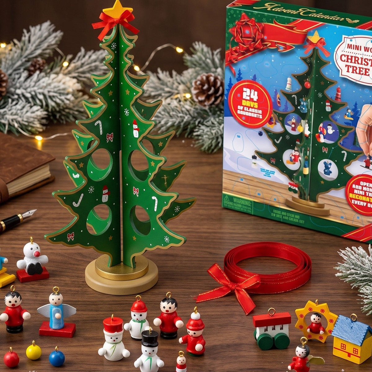 Kids' Wooden Tabletop Advent Calendar – 24 Mini Ornaments Christmas Countdown